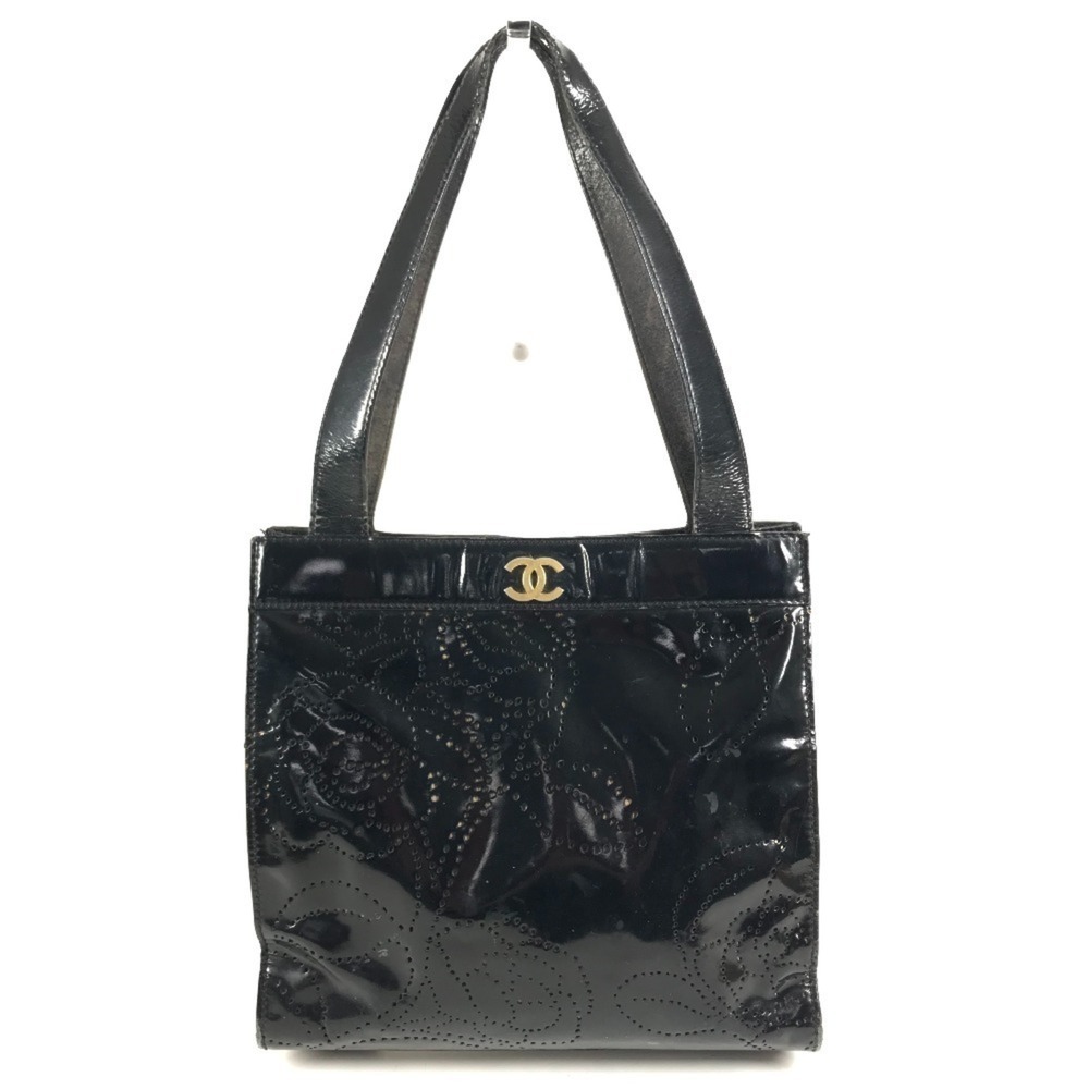 CHANEL Vintage Perforated Logo Camellia Flower Shoulder Bag Tote Handbag Pate...